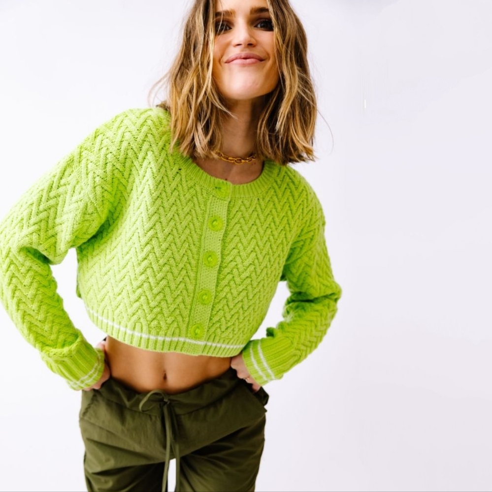 525 America X Revolve Lattice Cable knit Tipped cardigan cropped pear green